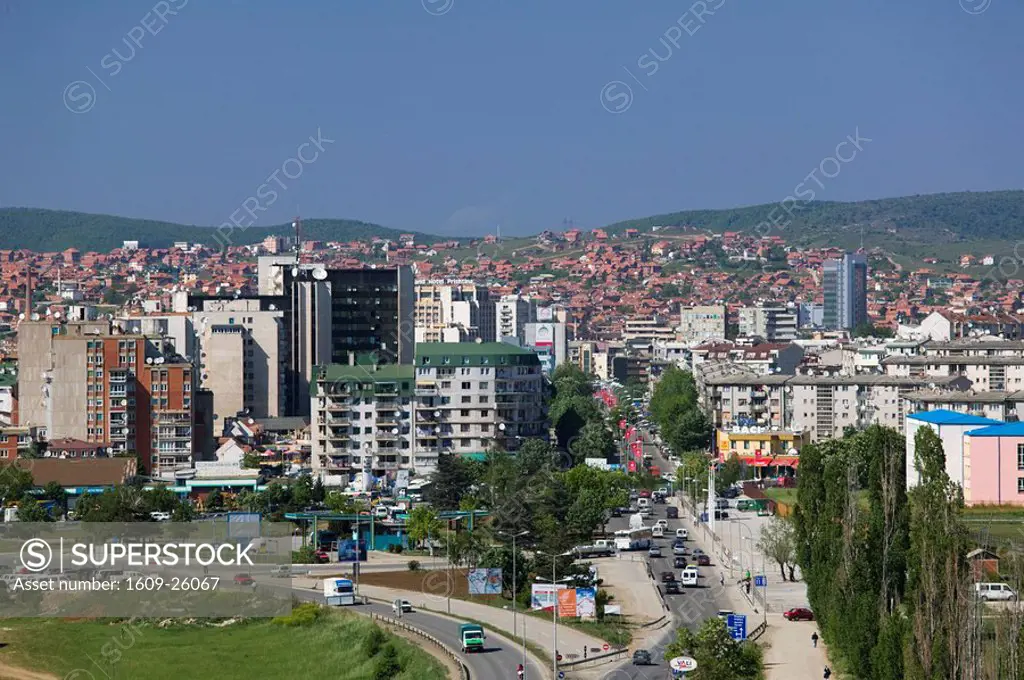 Serbia, Kosovo, Prishtina, City view from the South along Boulevard Mother Teresa