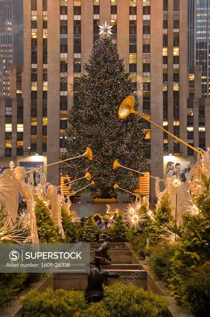 USA, New York City, Manhattan Rockefeller Plaza Christmas Decorations and Tree