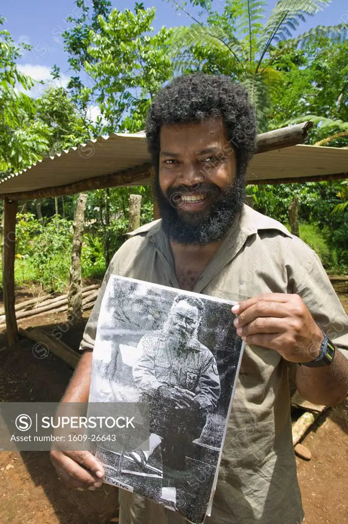 Vanuatu, Espiritu Santo Island Fanafo, Fanafo Kastom traditional village_ Yankee Stevens, son of Vanuatu Independence activist Jimmy Stevens with a po...