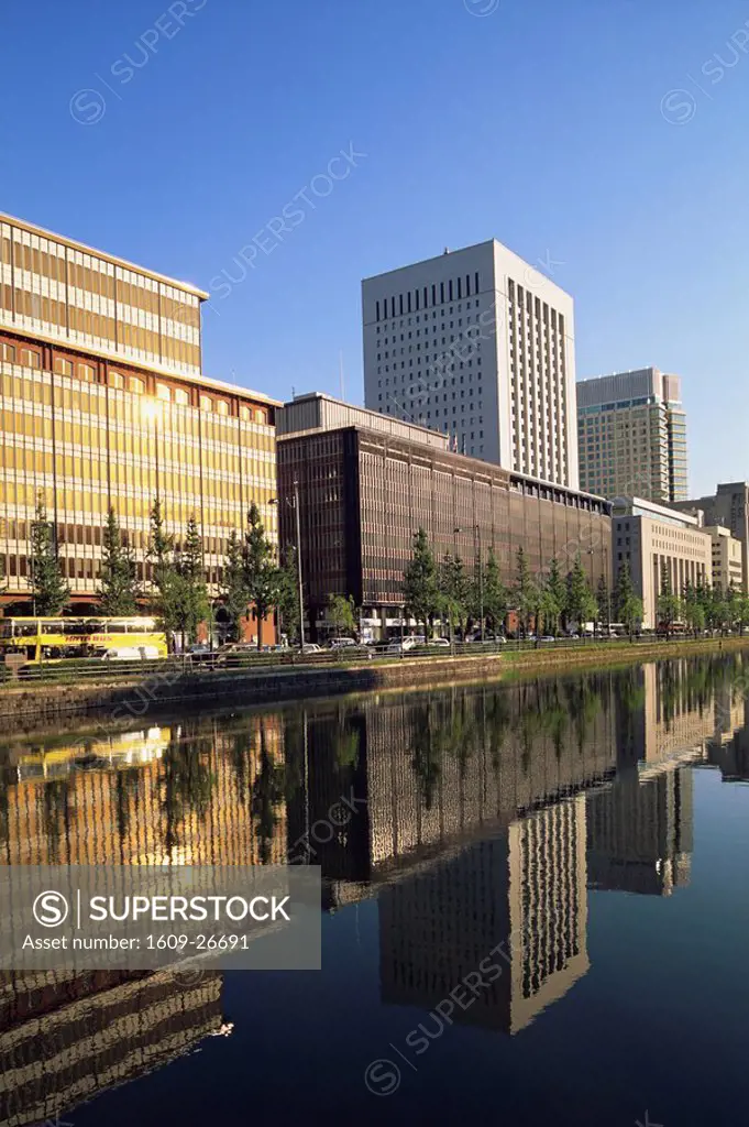 Japan, Honshu, Tokyo, Imperial Palace Moat and Marunouchi Business Area Skyline