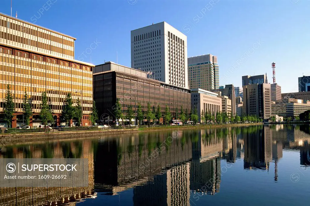 Japan, Honshu, Tokyo, Imperial Palace Moat and Marunouchi Business Area Skyline