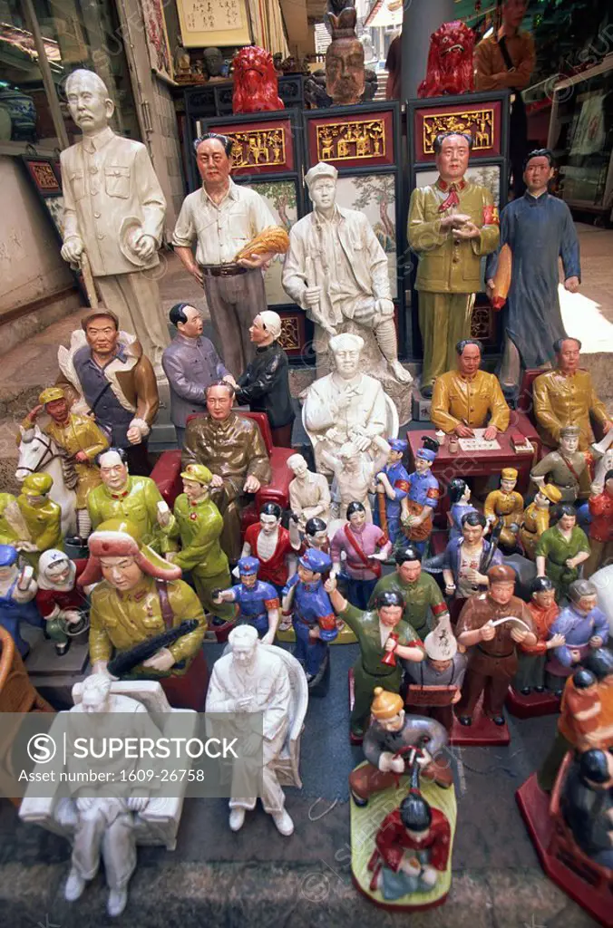 China, Hong Kong, Hollywood Road, Antique Shop Display of Communist Chinese Ornamental Statues in Cat Street