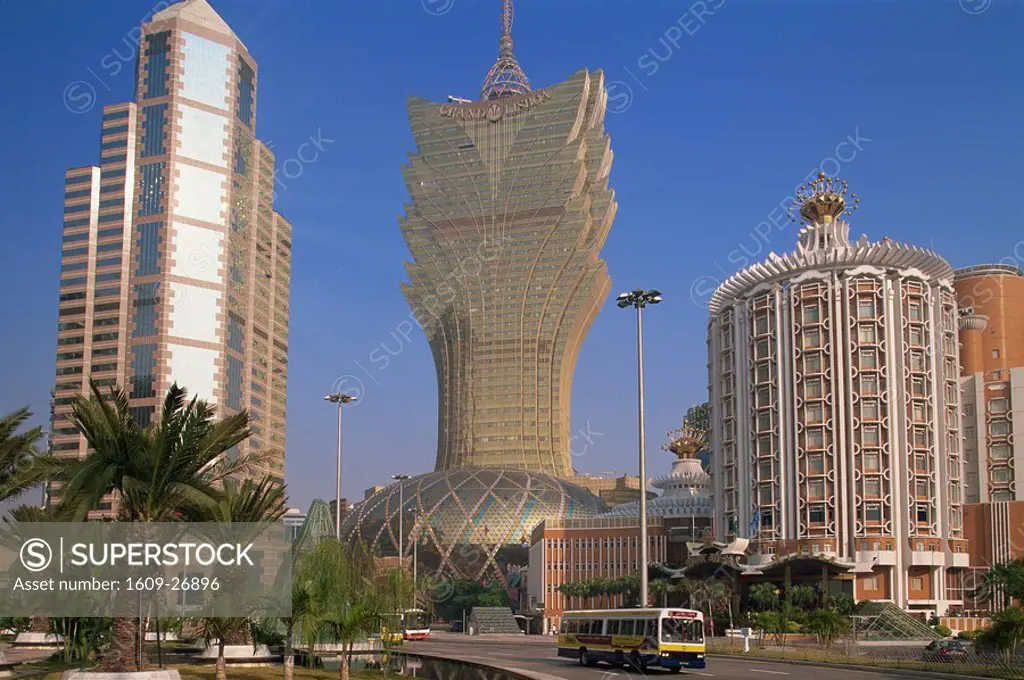 China, Macau, City Skyline with Grand Lisboa Hotel and Casino