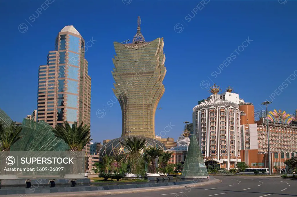 China, Macau, City Skyline with Grand Lisboa Hotel and Casino