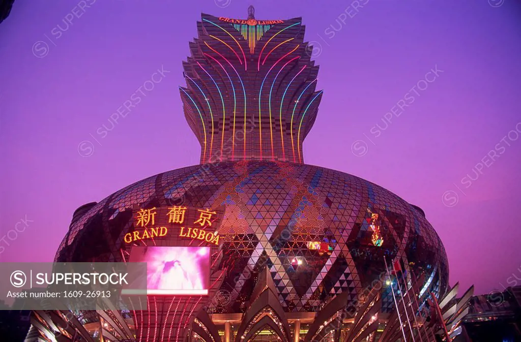 China, Macau, Grand Lisboa Hotel and Casino Night Lights