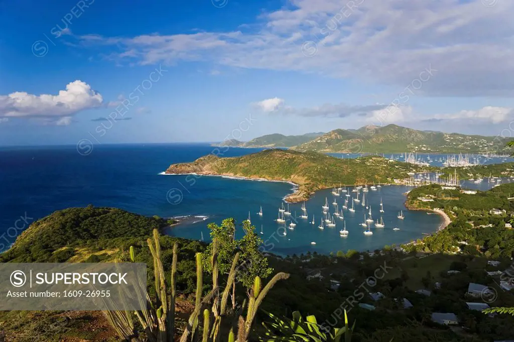 Caribbean, Antigua, English Harbour from Shirley Heights looking towards Nelson´s Dockyard