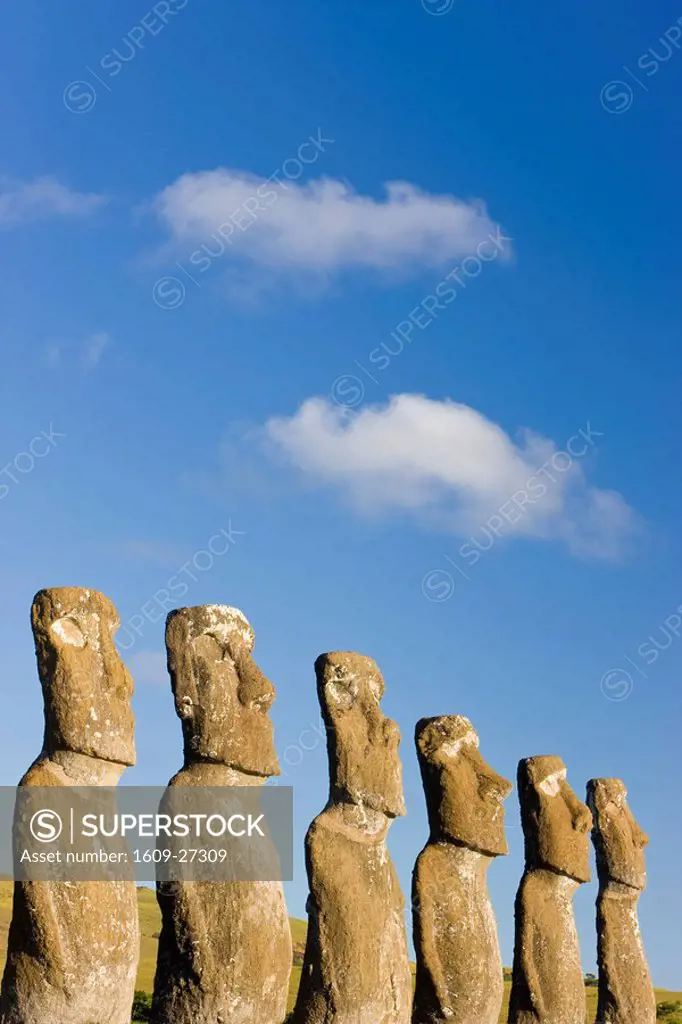 Chile, Rapa Nui, Easter Island, row of monolithic stone Moai statues known as Ahu Akivi