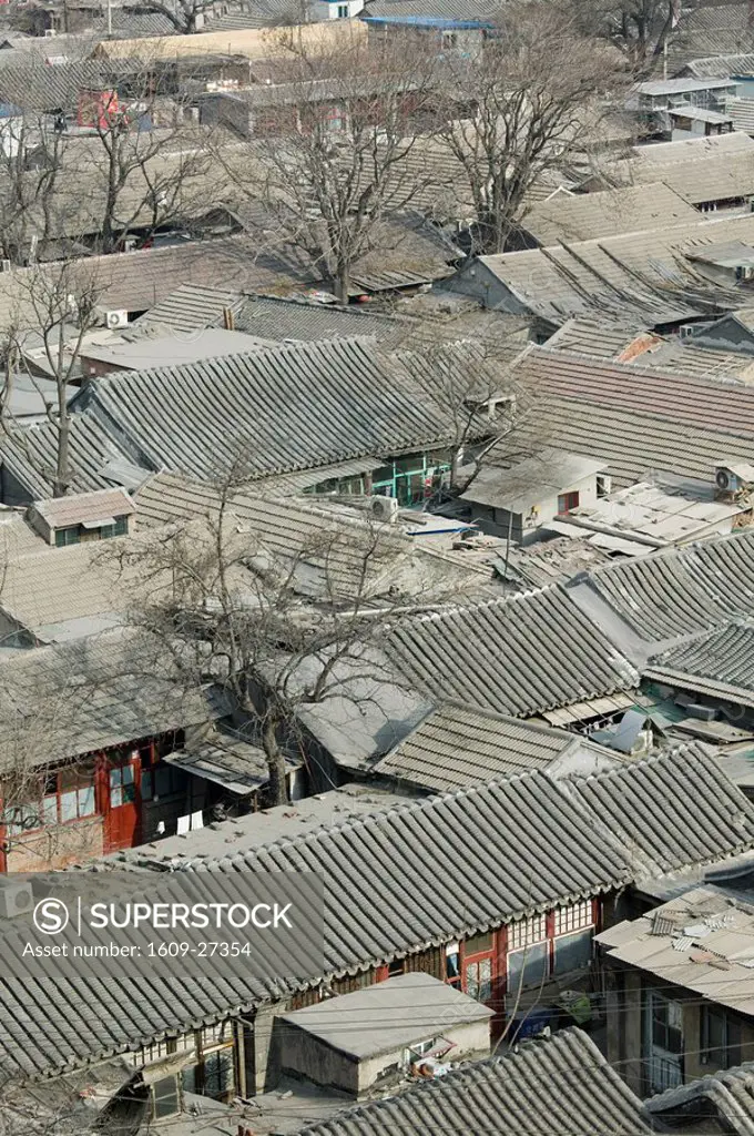 China, Beijing, Dongcheng District, Rooftop View of traditional Beijing Hutong area from atop Old Drum Tower