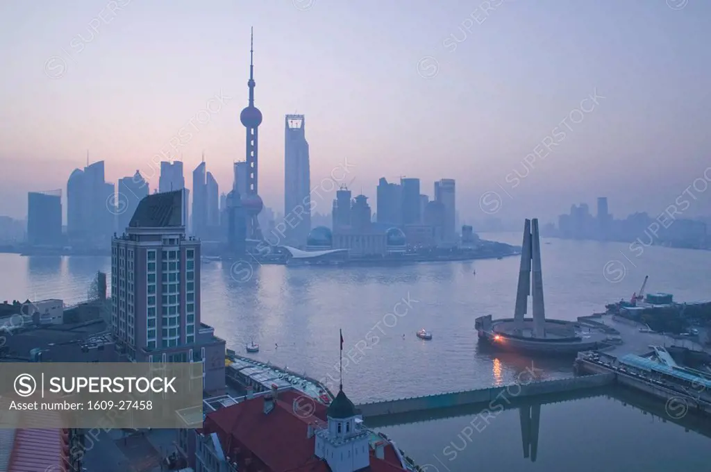 China, Shanghai, Pudong District, Oriental Pearl Tower and Pudong Highrises