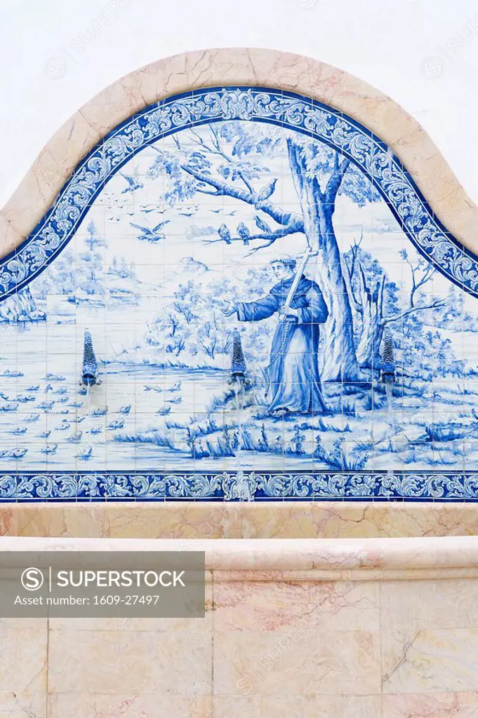 China, Macau, detail of Portuguese tile work around a fountain