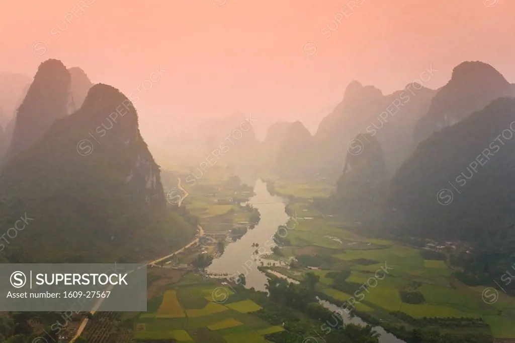 Karst Mountain Landscape & Li River from hot air balloon, Yangshuo, Guilin, Guangxi Province, China