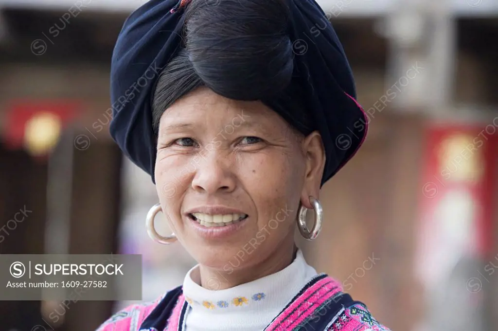 Portrait of Yao Minority Woman wearing traditional costumes, Dazhai Village, Longsheng, Guangxi Province, China