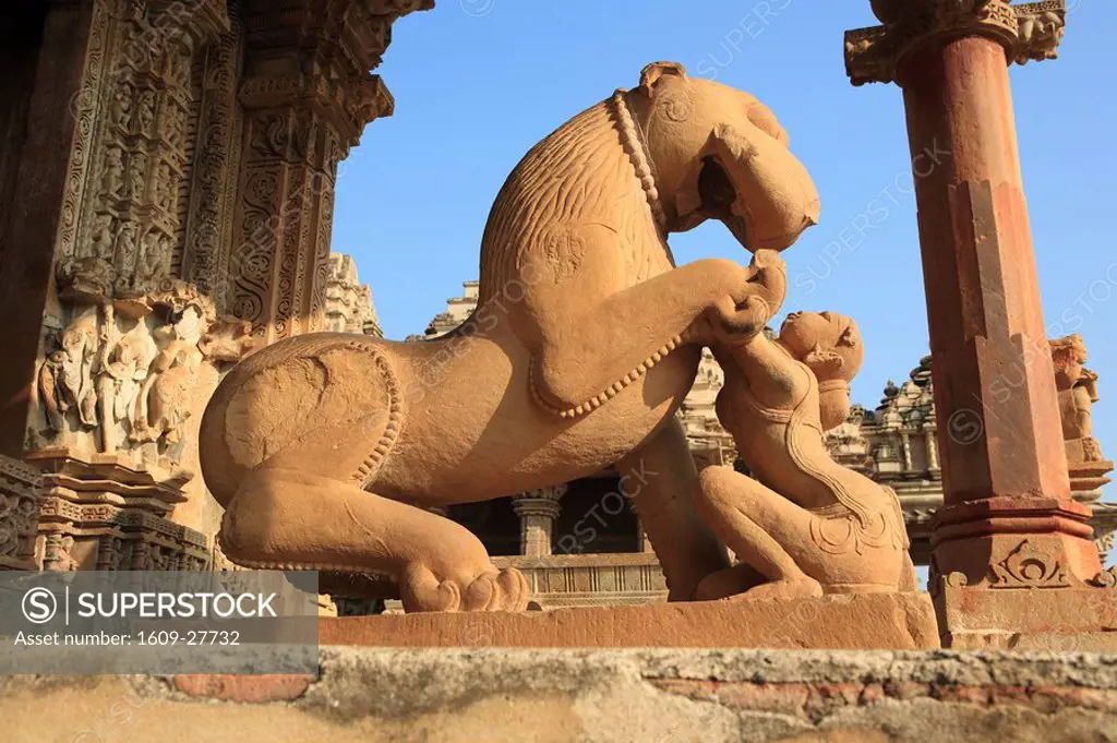 Lion Yali & sardula, Mahadeva Hindu temple, UNESCO World Heritage site, Khadjuraho, Madhya Pradesh, India