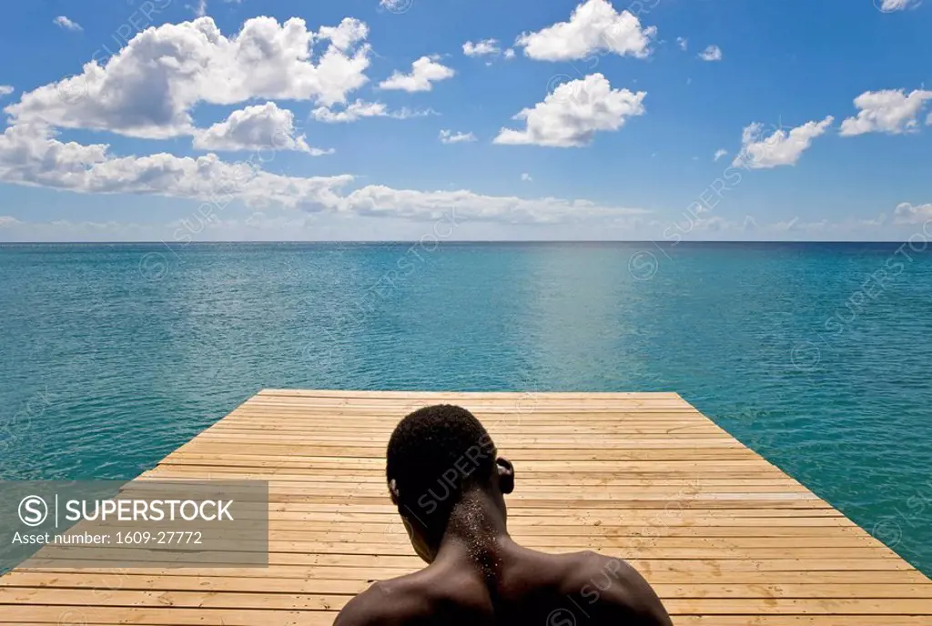 Caribbean, St Kitts and Nevis, St Kitts, Frigate Bay Beach, wooden jetty leading into the Caribbean Sea
