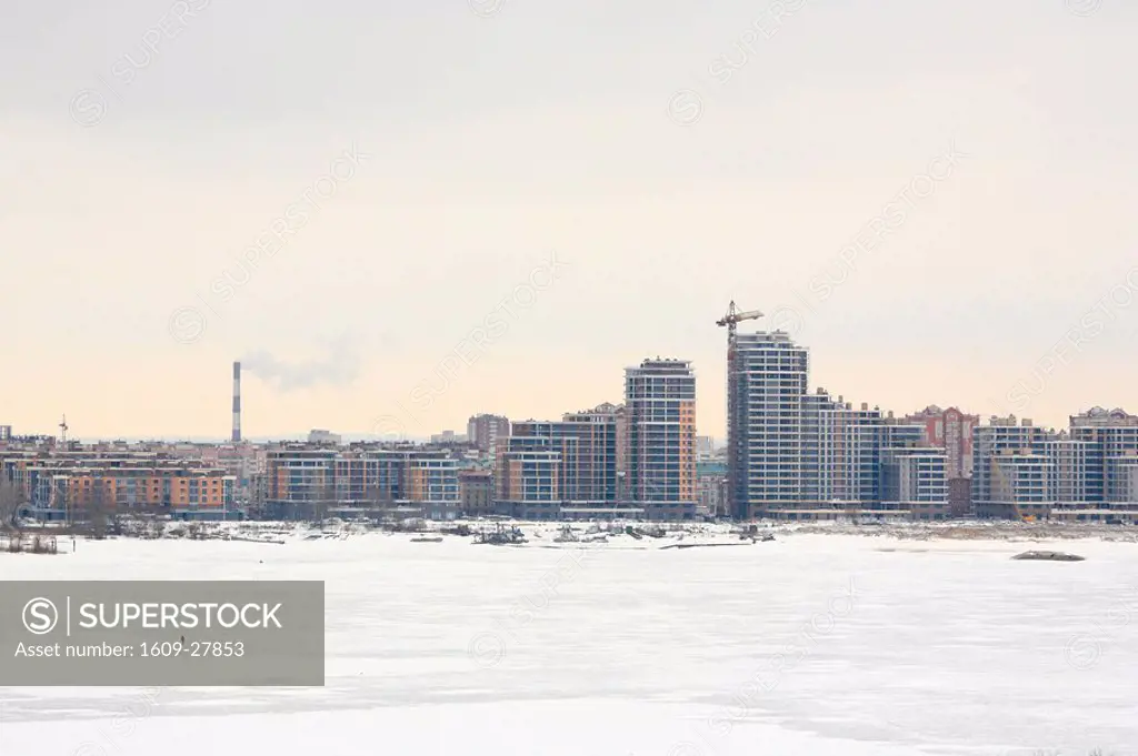 View over Volga river, construction of new houses, Kazan, Tatarstan, Russia