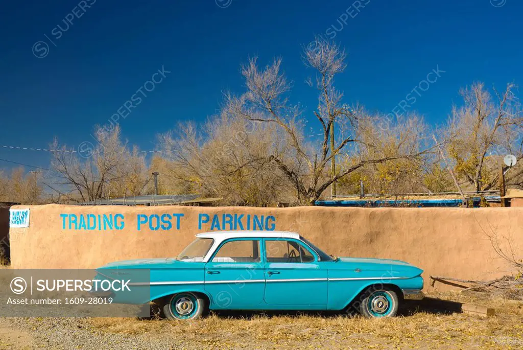 USA, New Mexico, Turquoise Trail, Trading Post and 1961 Chevrolet Bel Air 4_door sedan