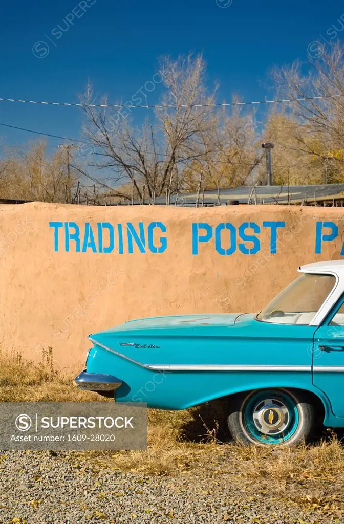 USA, New Mexico, Turquoise Trail, Trading Post and 1961 Chevrolet Bel Air 4_door sedan