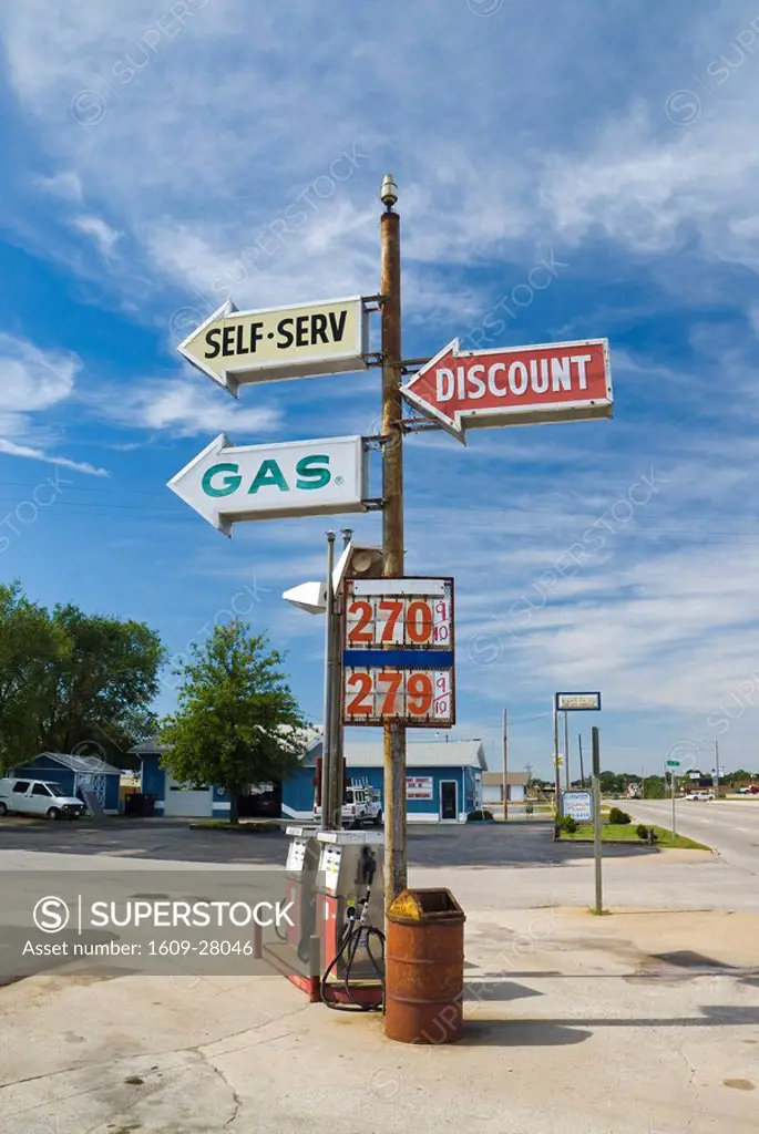 USA, Kansas, Route 66, Galena,. Gas Station signs.