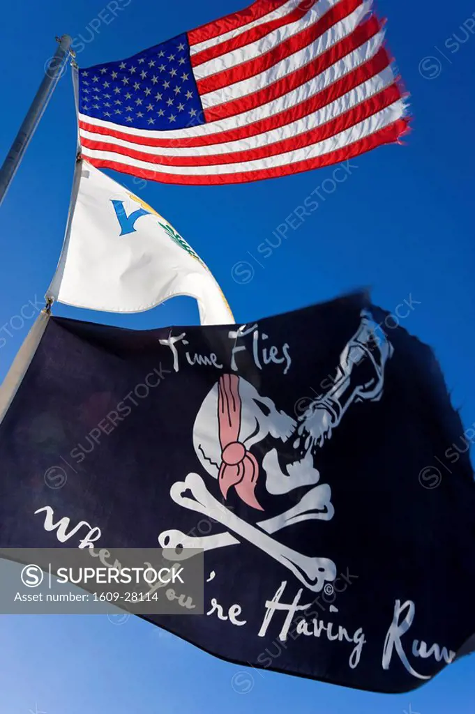 Caribbean, US Virgin Islands, St. Thomas, flags flying over Blackbeard´s Castle