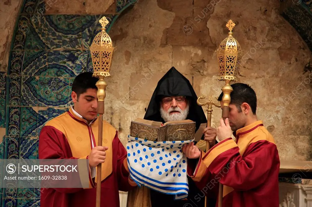 Israel, Jerusalem Old City, Easter, Armenian Orthodox Maundy Thursday ceremony at the House of Caiaphas on Mount Zion