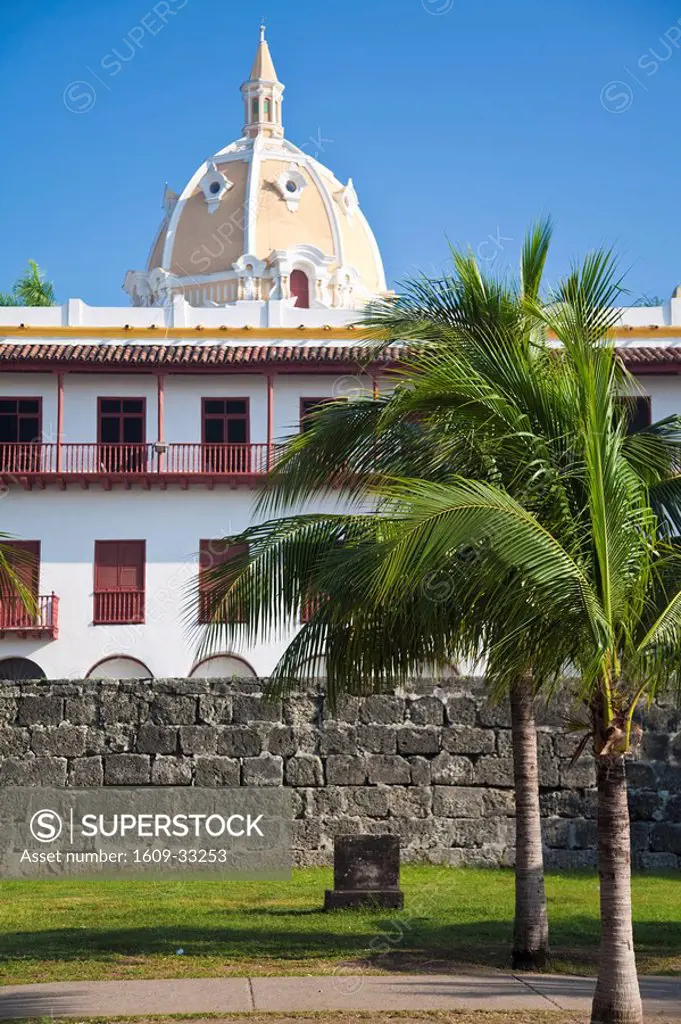 Colombia, Bolivar, Cartagena De Indias, Old walled town, City walls, The Naval museum and Dome of San Pedro Claver Church