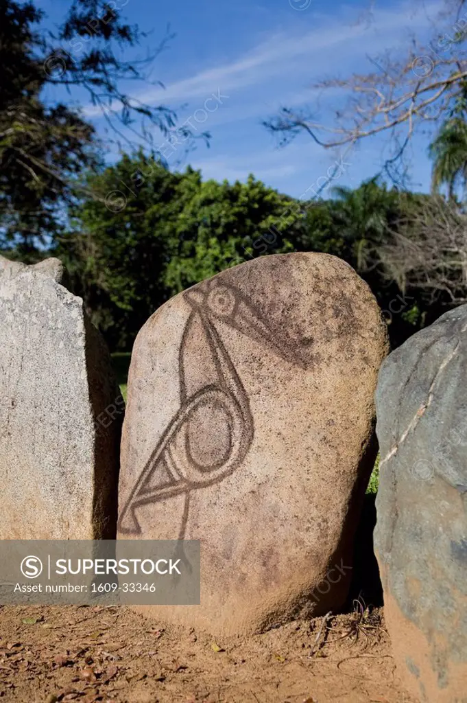Puerto Rico, Central Mountains, Parque Ceremonial Indigena Caguana Taino Ceremonial Site, Petroglyphs inside Taino Ball Courts