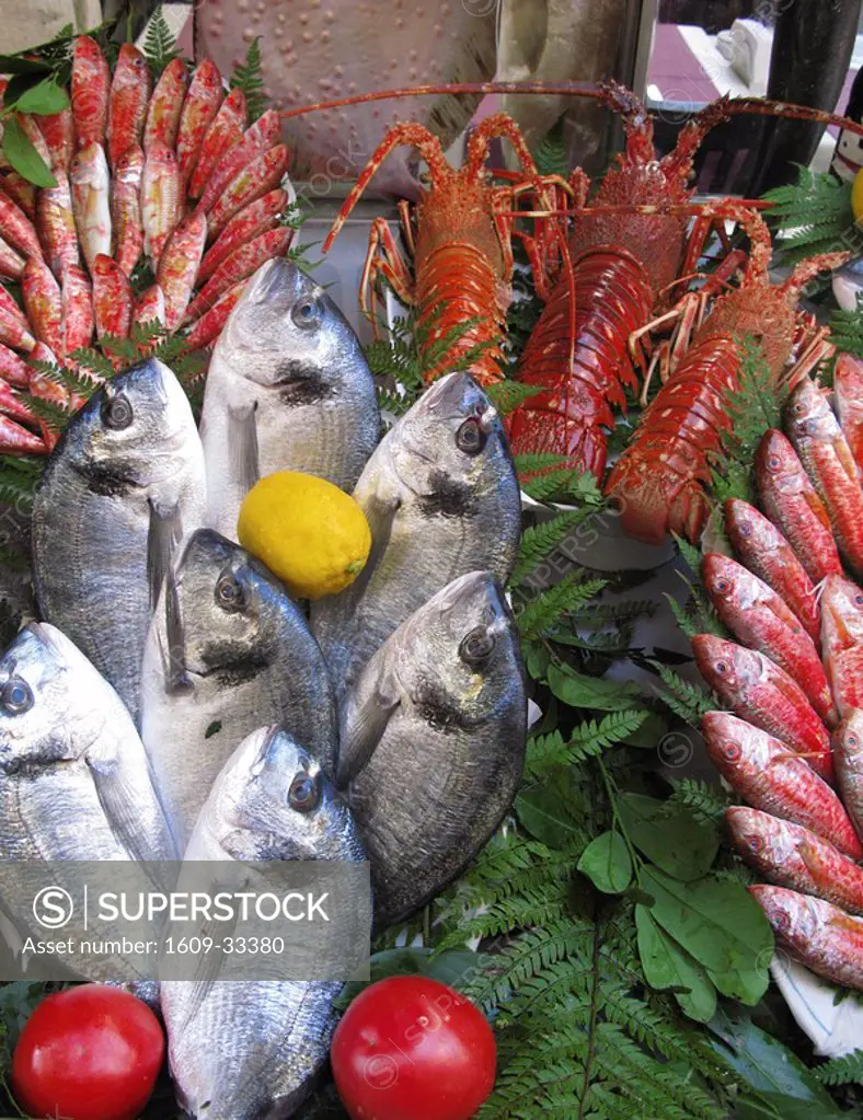 Display of Fresh Fish and Lobsters, Galatsaray Fish Market, Beyoglu, Istanbul, Turkey.