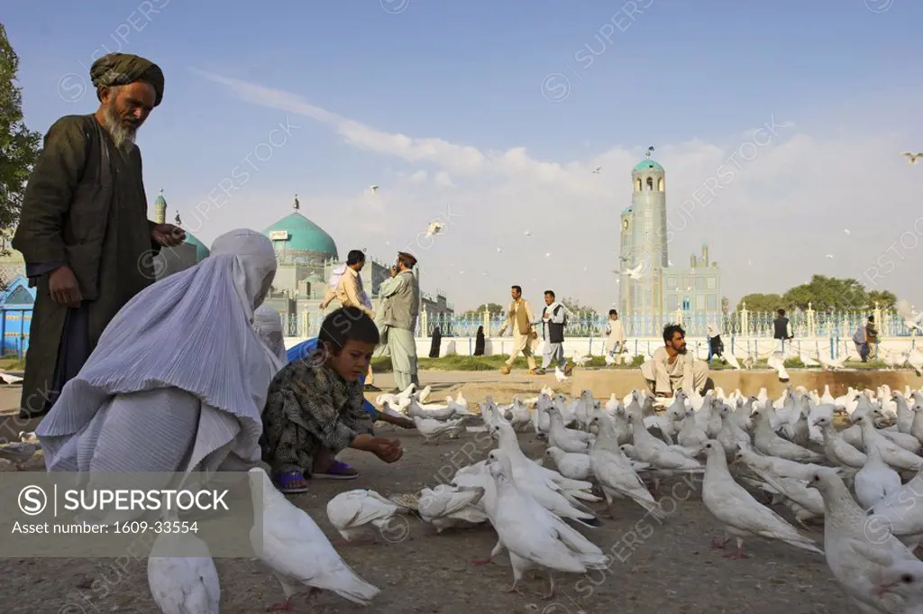 Afghanistan, Mazar-I-Sharif, Family feeding white pigeons at Shrine of Hazrat Ali