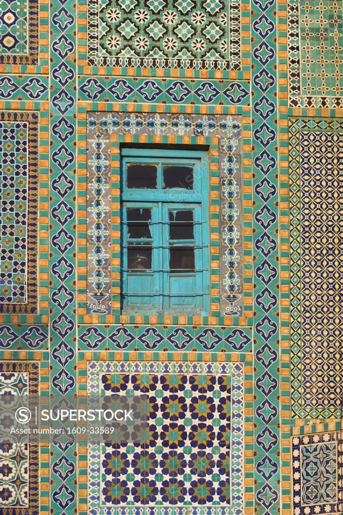 Afghanistan, Mazar-I-Sharif, Tiling round blue window, Shrine of Hazrat Ali