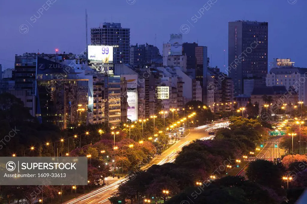 Argentina, Buenos Aires, buildings along Avenida 9 de Julio, evening