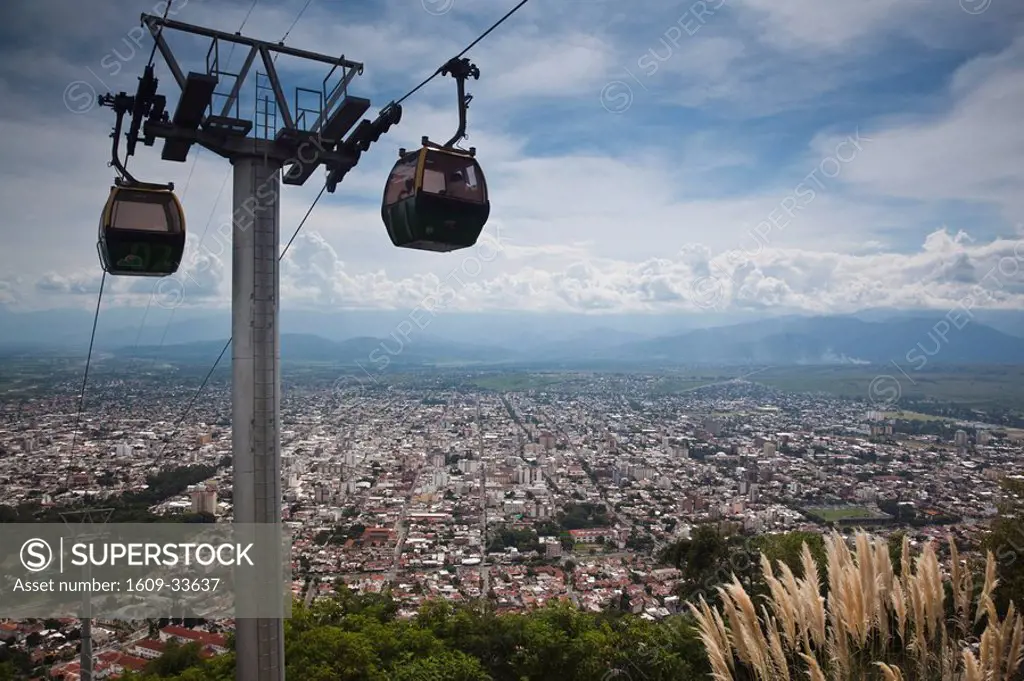 Argentina, Salta Province, Salta, view from Cerro San Bernardo with teleferico tram cars