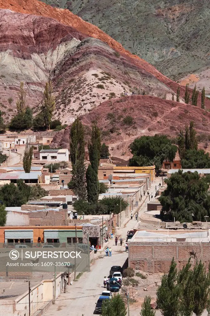 Argentina, Jujuy Province, Quebrada de Humamuaca canyon, Purmamarca, town view and the Hill of Seven Colors