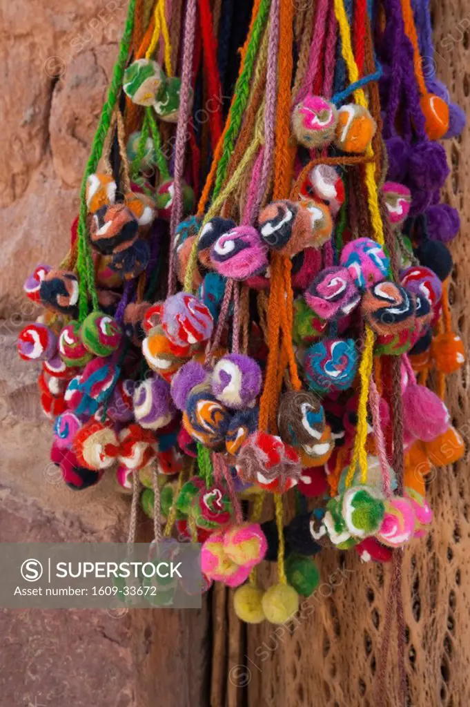 Argentina, Jujuy Province, Quebrada de Humamuaca canyon, Purmamarca, tulmas, native decoration made of wool