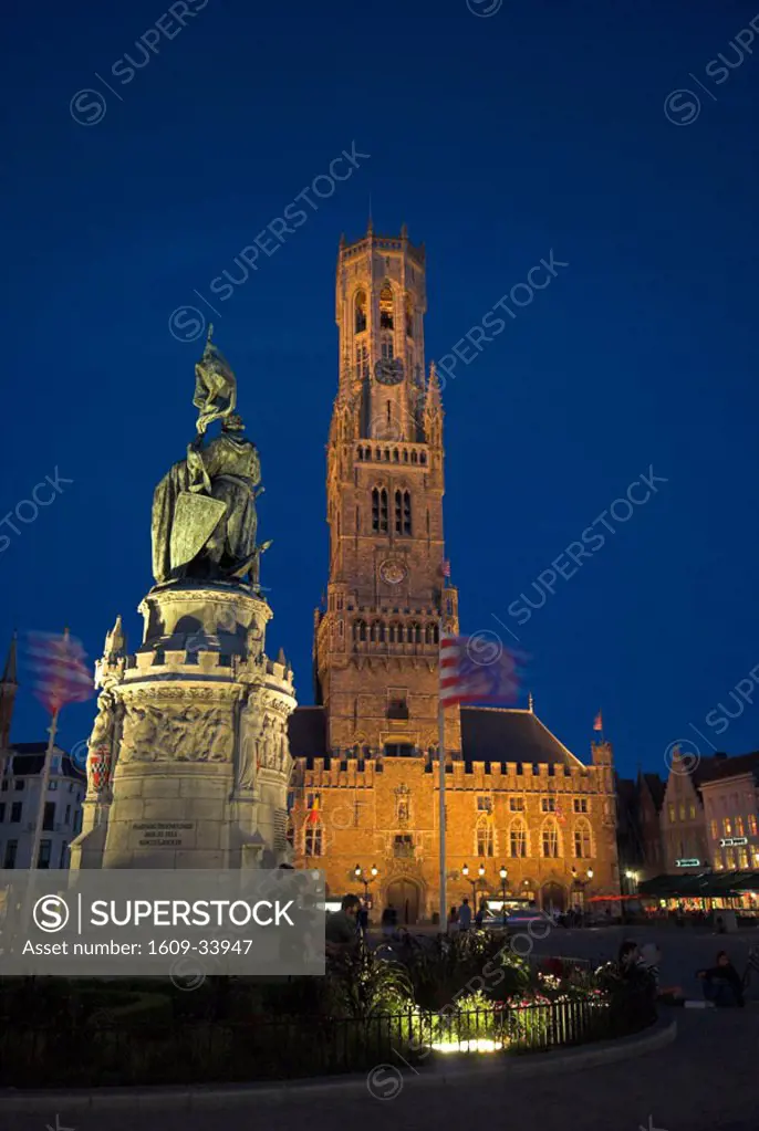 Belfort (Belfry) & Statue of Pieter de Coninck & Jan Breidel, The Markt, Bruges, Belgium