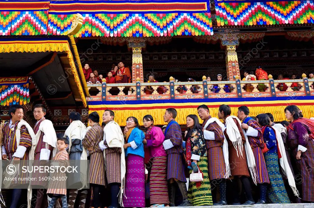People queuing to be blessed, Festival, Trashichhoe Dzong monastery, Thimpu, Bhutan