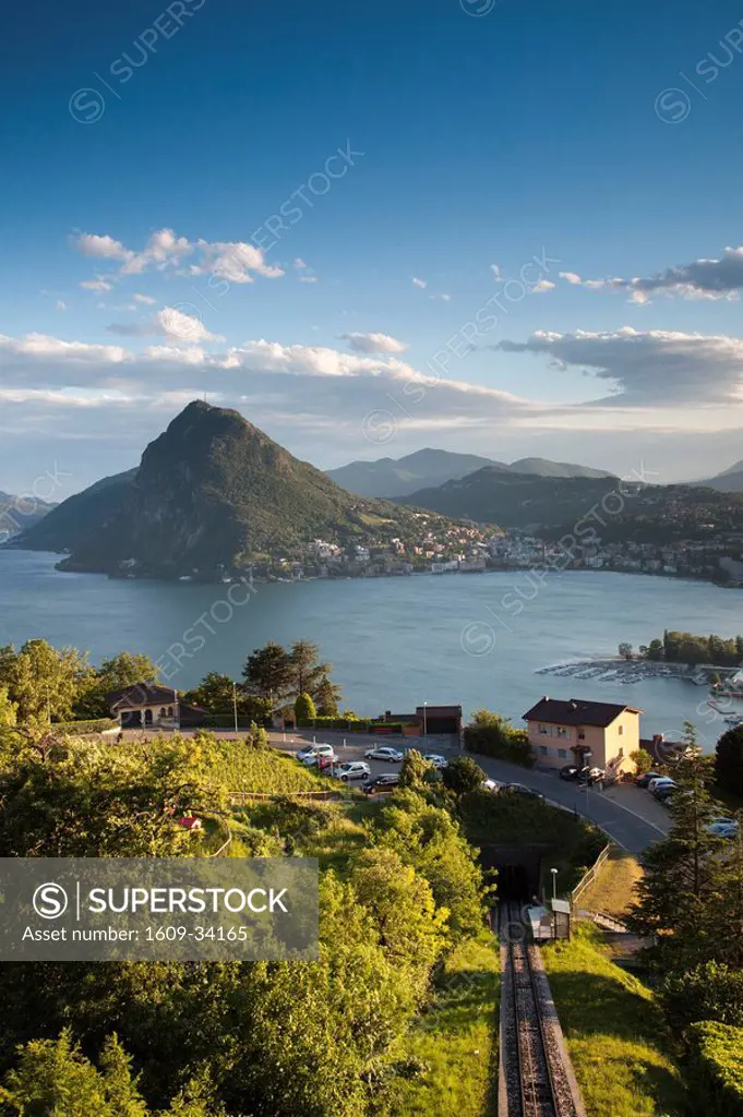 Switzerland, Ticino, Lake Lugano, Lugano, town view and Monte San Salvador from Monte Bre