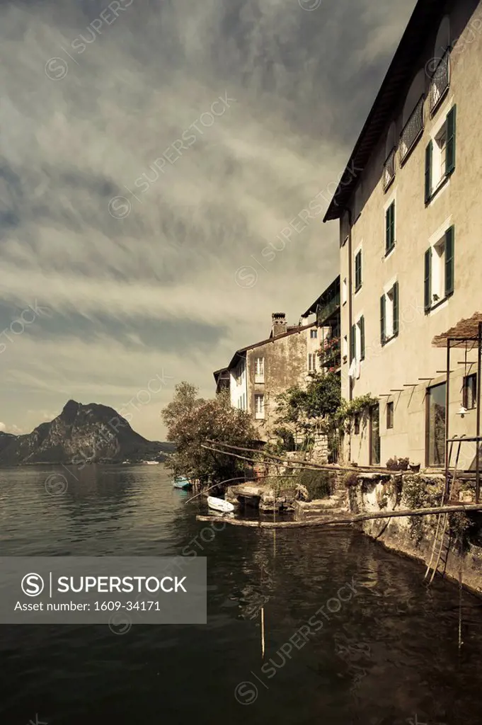 Switzerland, Ticino, Lake Lugano, Gandria, lakefront buildings