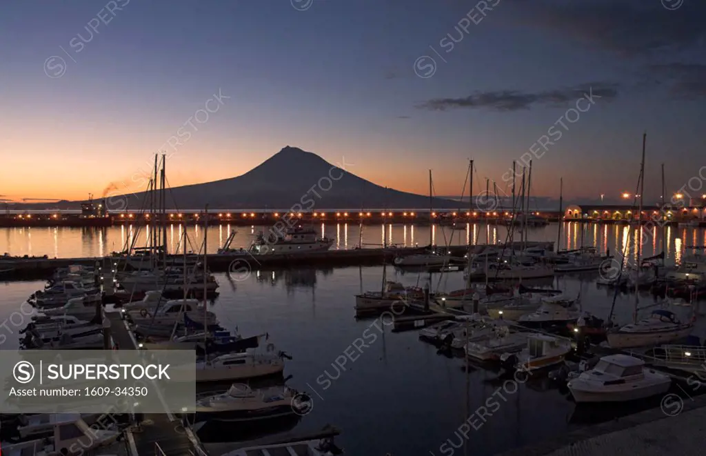 Harbour with volcanic island of Pico beyond, Horta, Faial Island, Azores, Portugal