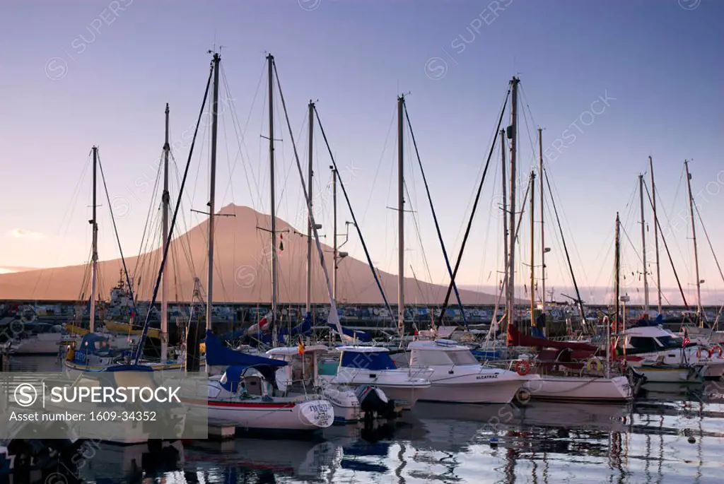 Harbour with volcanic island of Pico beyond, Horta, Faial Island, Azores, Portugal
