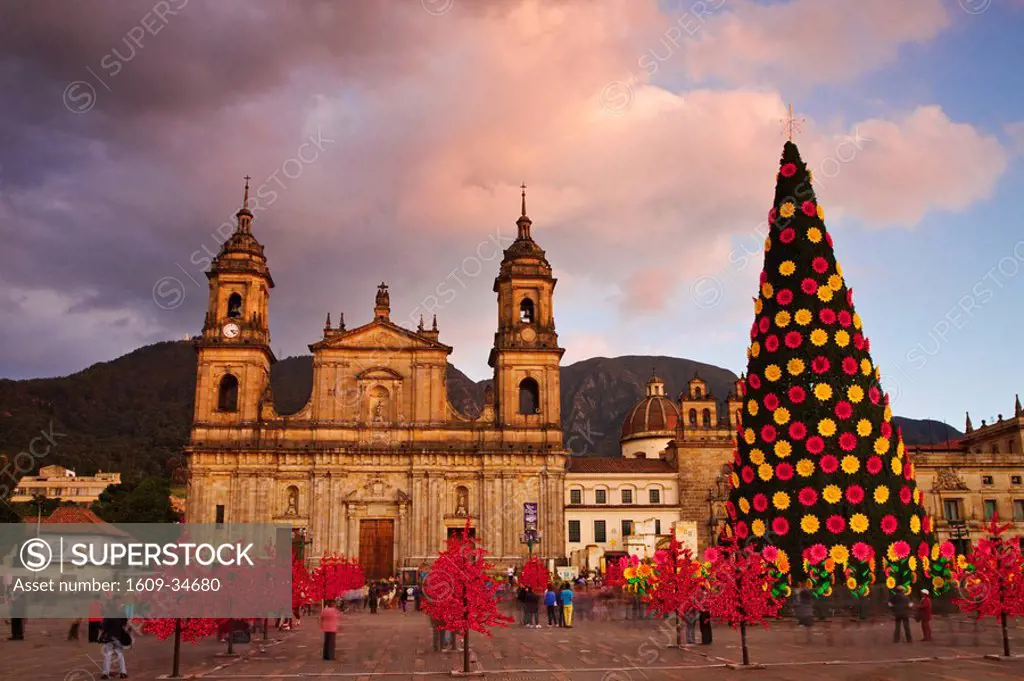 Colombia, Bogota, Plaza de Bolivar, Neoclassical Cathedral Primada de Colombia at Christmas