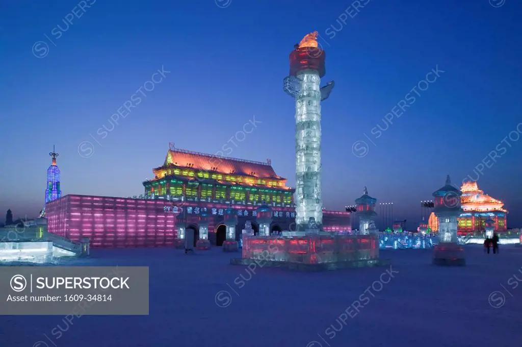 China, Heilongjiang, Harbin, Ice and Snow Festival, Buildings built of ice, Gate of Heavenly Peace made of Ice