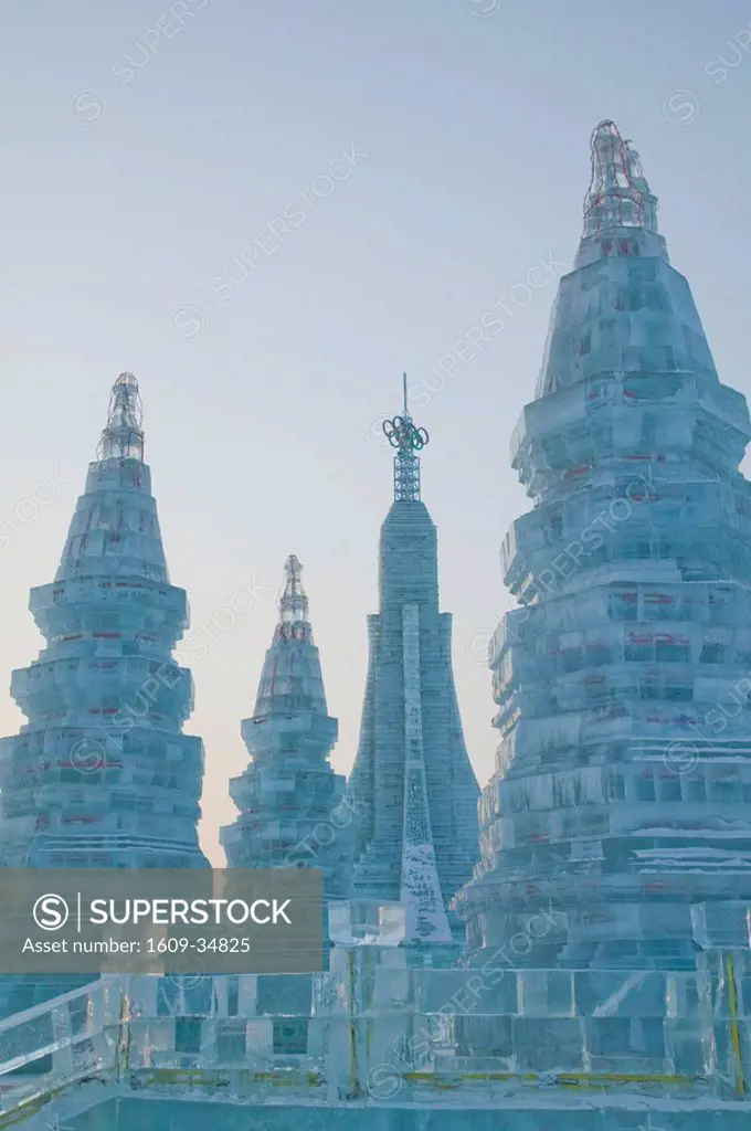 China, Heilongjiang, Harbin, Haerbin Ice and Snow World Festival, Ice Towers at Sunset