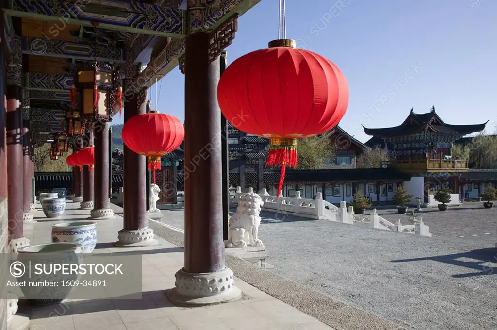 China, Yunnan Province, Lijiang, Old Town, Red Lanterns at the Mu Family Mansion, former home of Naxi Chieftain