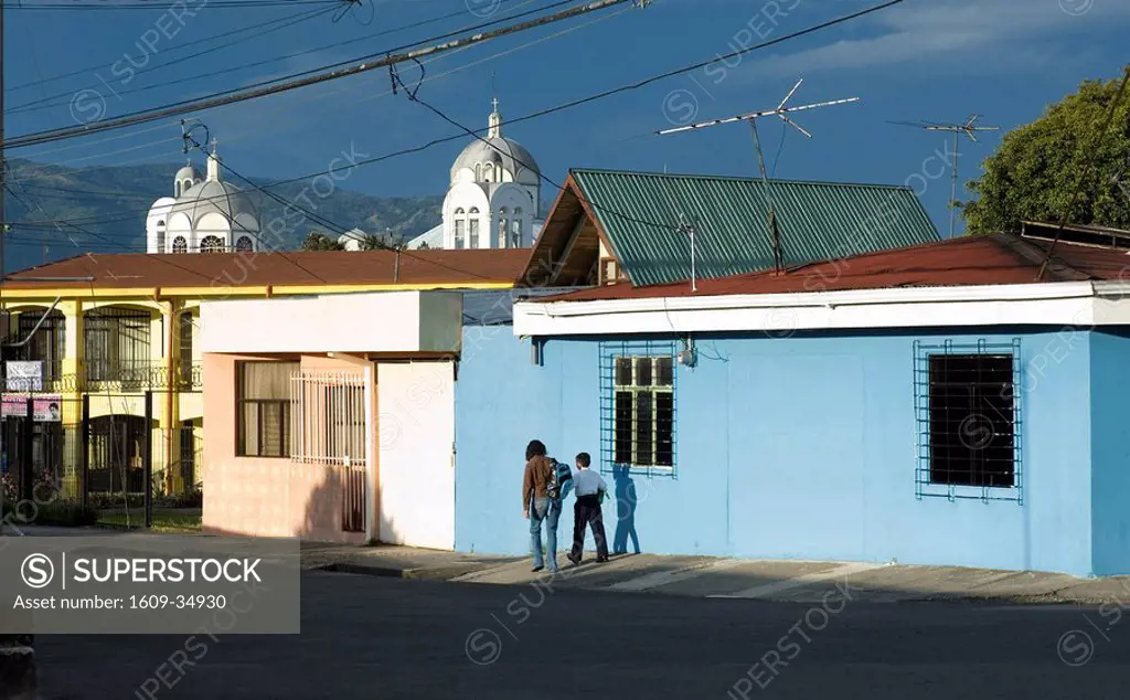 Costa Rica, Cartago, Mother and Son to School, Domes of the Basilica de Nuestra Senora de Los Angeles