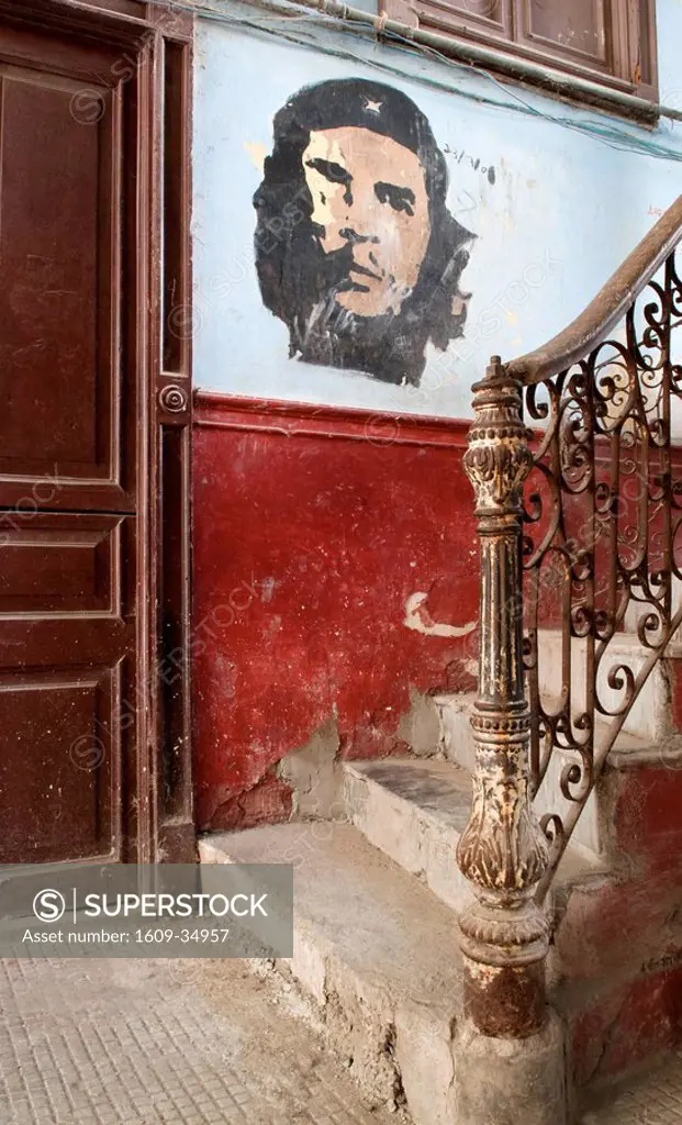 Che Guevara mural in the old building/ entrance to La Guarida restaurant, Havana, Cuba, Caribbean