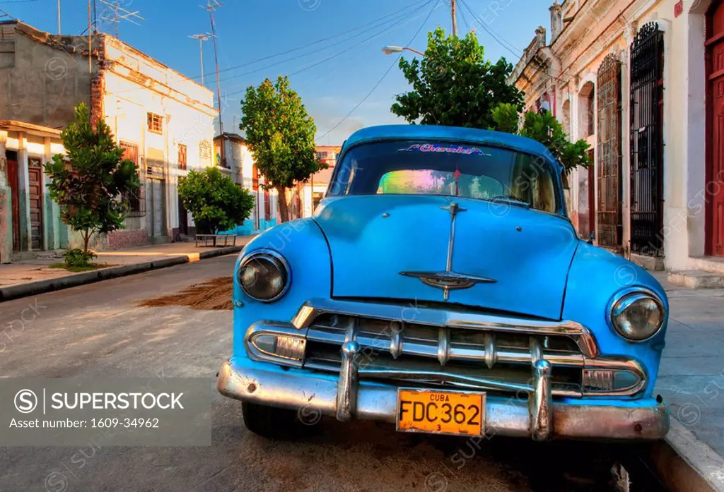 Blue car in Cienfuegos, Cuba, Caribbean