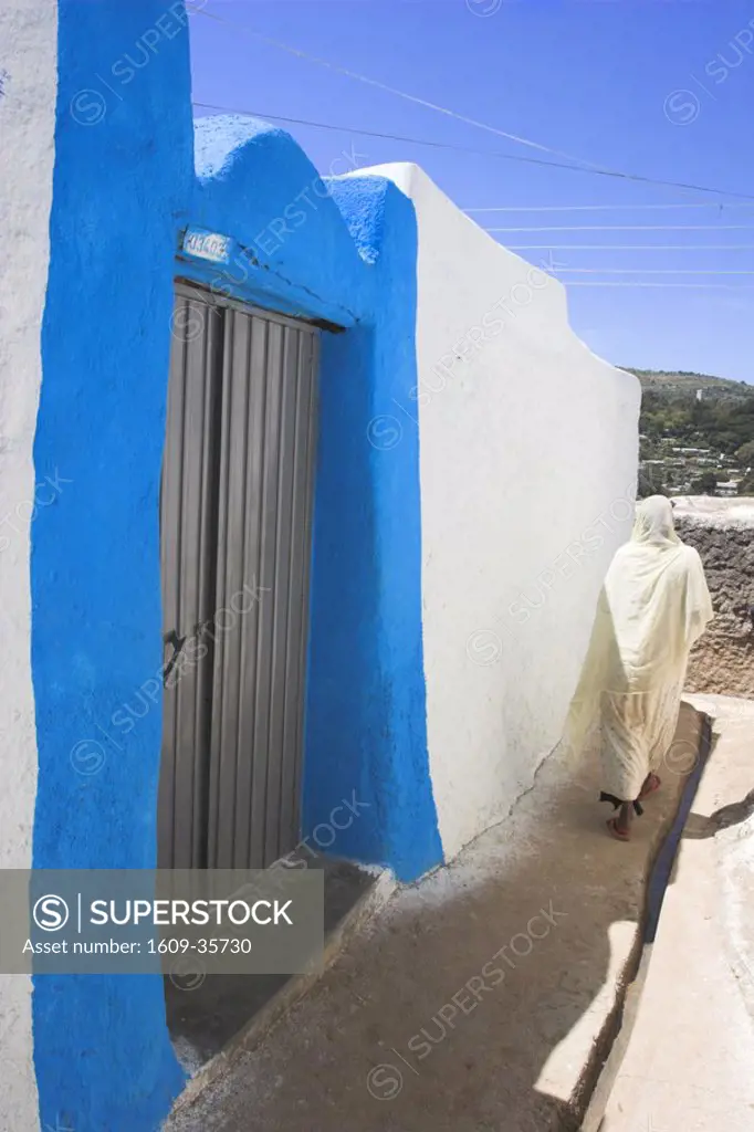 Ethiopia, Harar, Blue painted doorway to House in Old town,