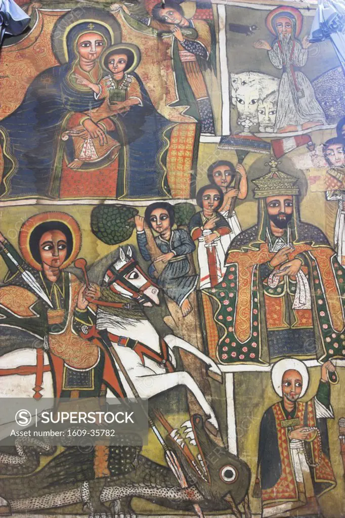 Ethiopia, Lalibela, Bet Golgotha and Bet Mikael and Selasie Chapel, painting of St George