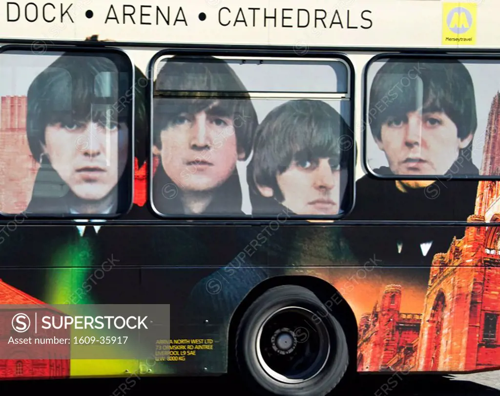 Beatles” famous four on a bus in Liverpool, Merseyside, UK