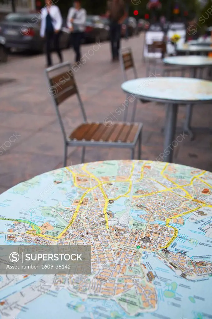 Table at cafe with map of Helsinki, Helsinki, Finland